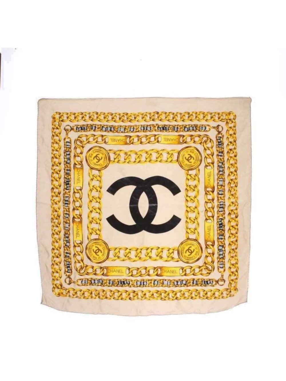 Chanel Large Scarf Shawl CC Logo Chain All Over Print Beige Yellow Black